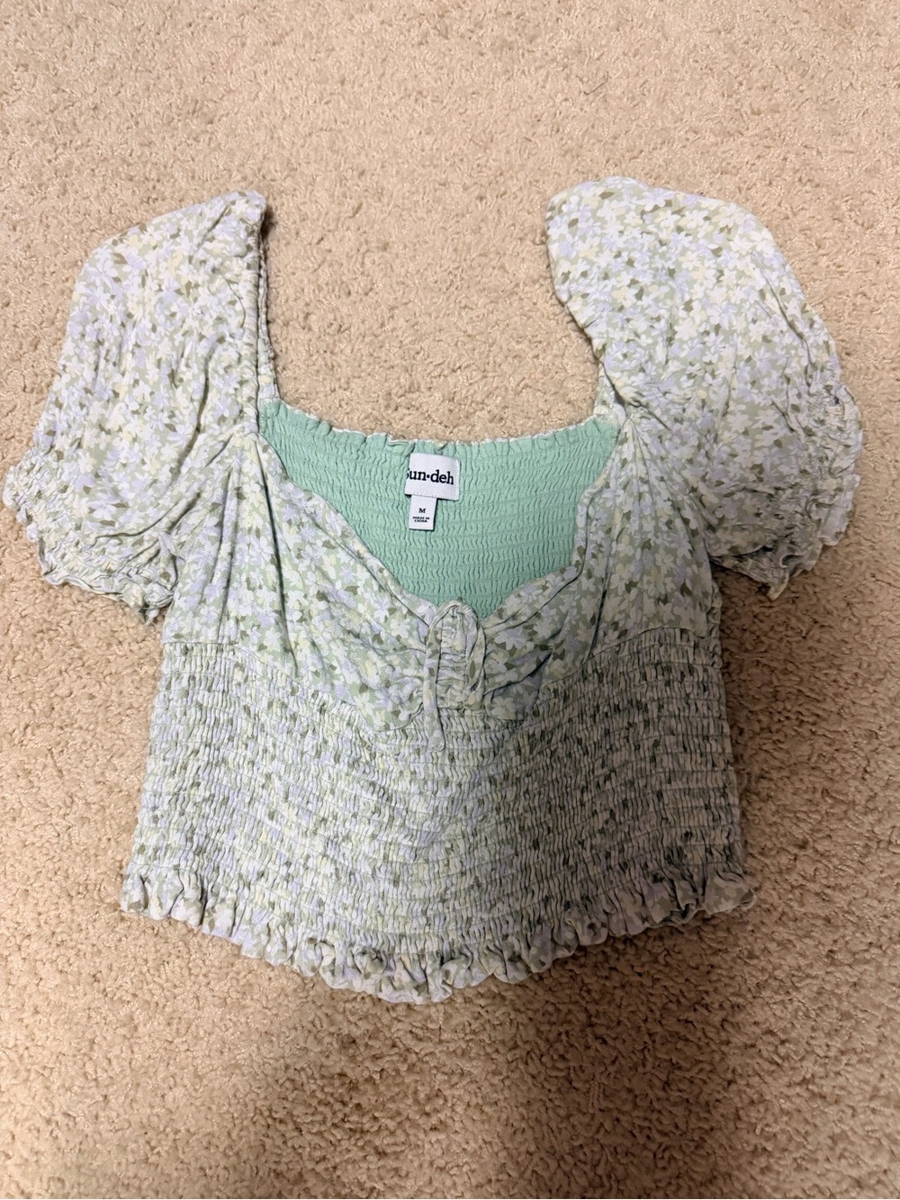 Aritzia Mint Floral Smocked Crop Top with Puff Sleeves